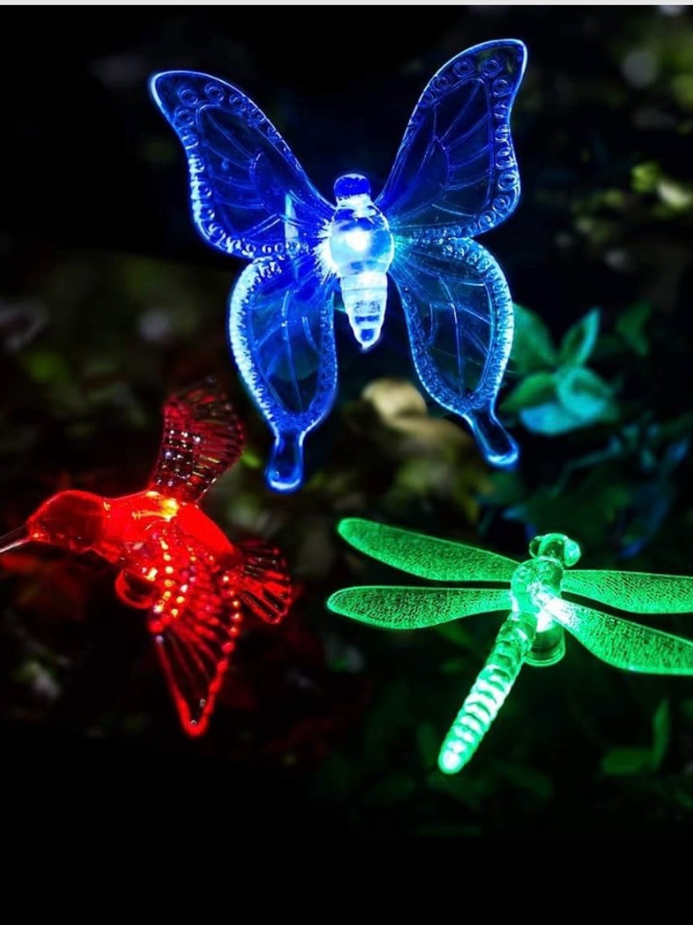 Set of LED Garden Bug Lights - Blue Butterfly, Green Dragonfly, Red Hummingbird